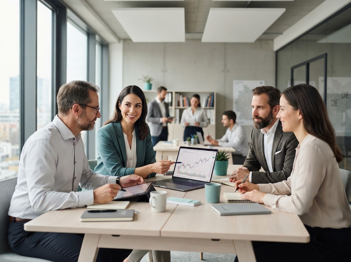 Finzwerkiq Team bei der Analyse von Marktdaten am Schreibtisch